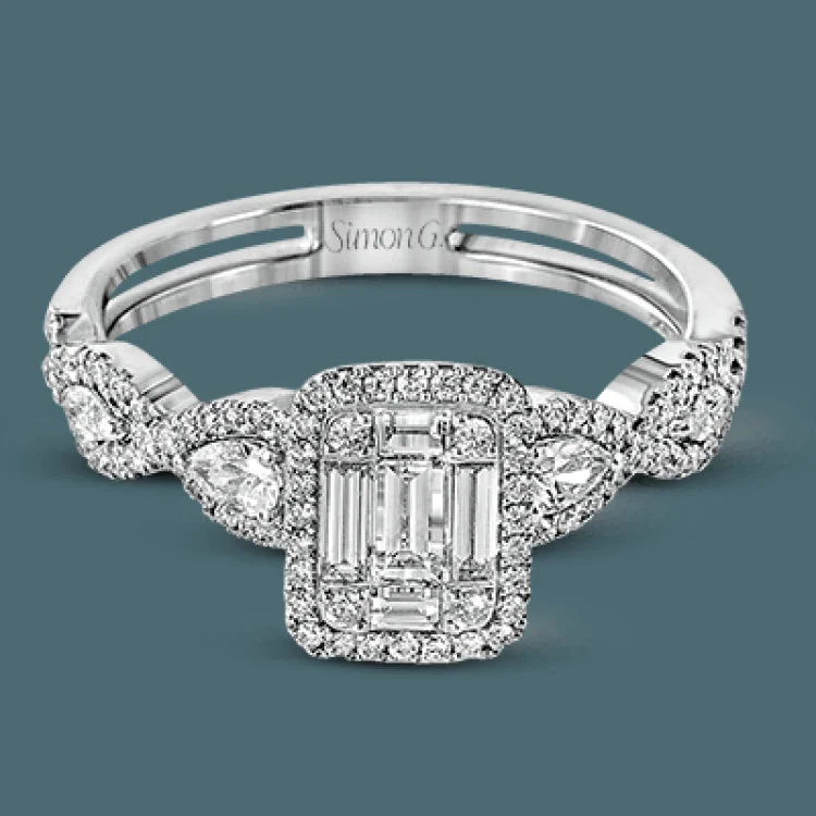 ladies rings with zircon shine -The dramatic geometric halo of this modern white gold ring is highlighted by .29 ctw round cut white diamonds and accented with .35 ctw baguette cut diamonds, .14 ctw princess cut diamonds and .05 ctw marquise cut diamonds.