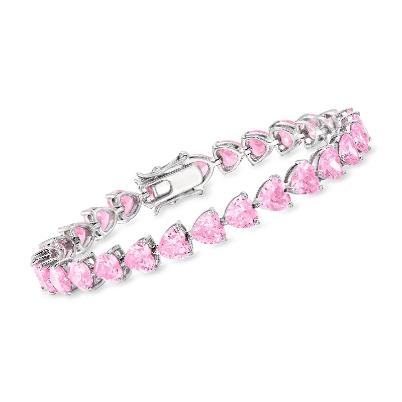 bracelets with peridot green -Ross-Simons Heart-Shaped Simulated Pink Sapphire Tennis Bracelet in Sterling Silver