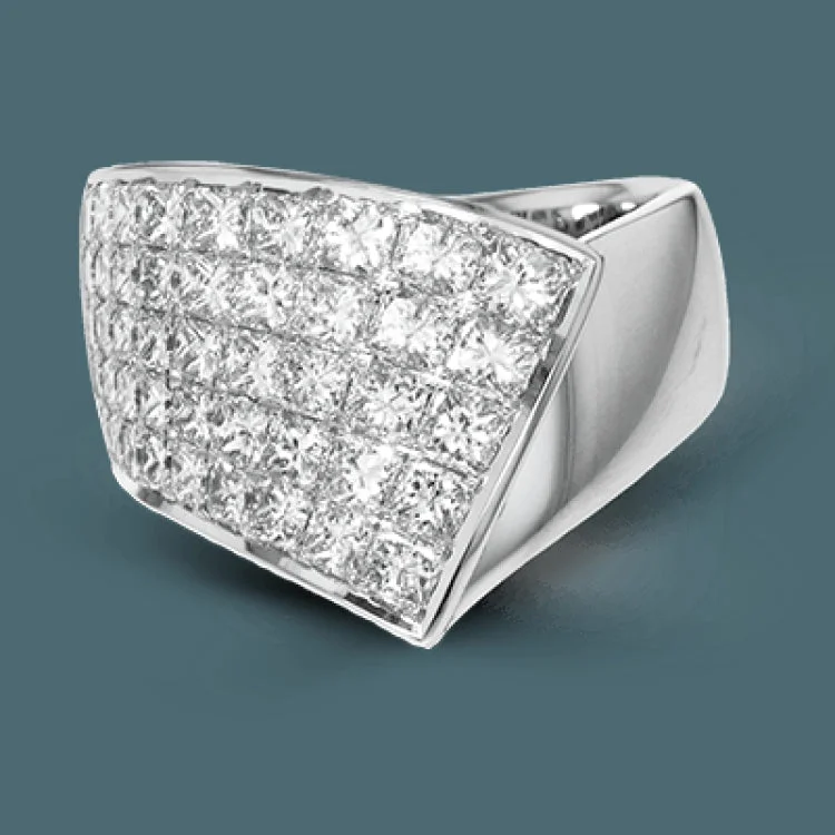 ladies rings for vintage charm -This modern overlapping ring features an expanse of 2.89 ctw of Simon-set princess cut diamonds accented by .27 ctw of round diamonds in 18k white gold.