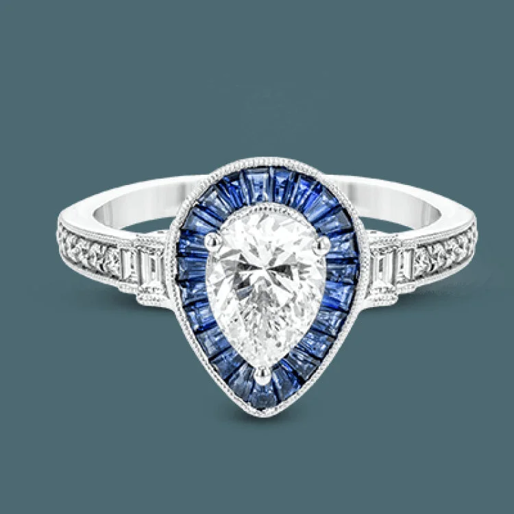 ladies rings two tone metal -This beautiful pear-shaped setting displays .82 ctw of baguette sapphires in a halo around the center stone. The rest of the ring sparkles with .11 ctw of round diamonds and .17 ctw of baguette diamonds.