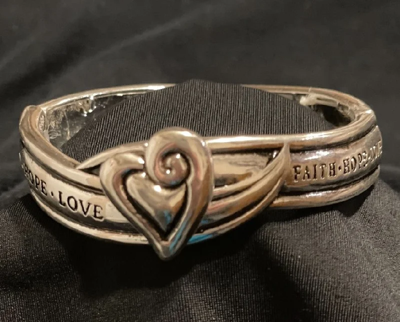 bracelets vintage inspired look -Faith, Hope, Love Heart Silver Bangle stretch bracelet