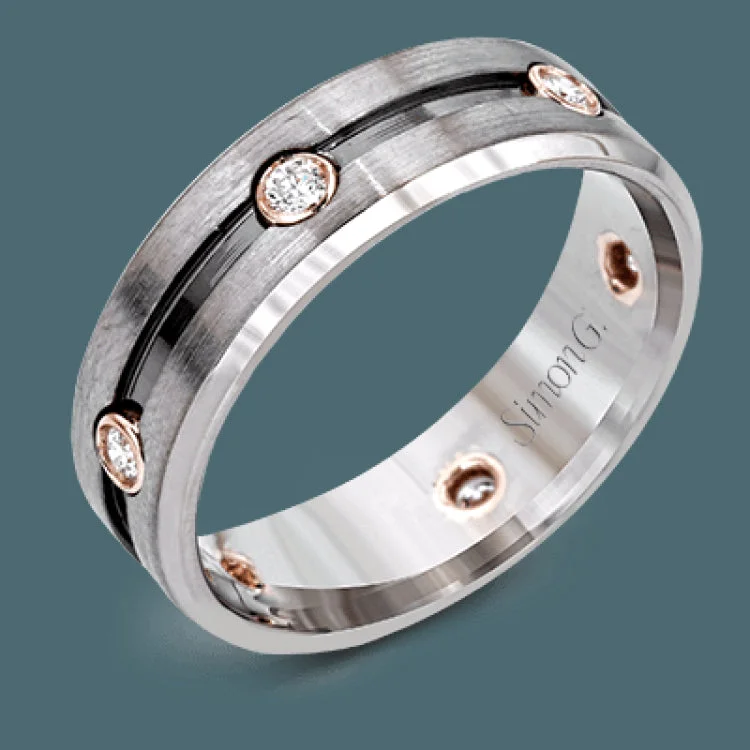 ladies rings dainty subtle charm -Featuring a sleek modern design, this men's gray gold band features rose gold accents and is set with .23 ctw round cut white diamonds.