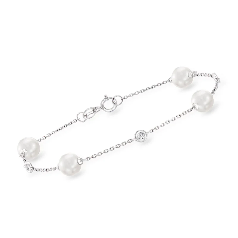 bracelets with topaz blue -Ross-Simons 6-6.5mm Cultured Pearl Bracelet With Diamond Accents in 14kt White Gold