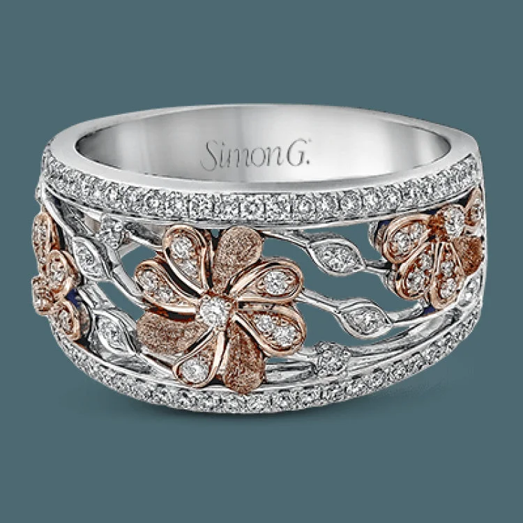 ladies rings romantic delicate style -Showcasing a vintage garden floral design with a contemporary flair, this band-style ring is set with .53 ctw of sparkling round-cut white diamonds. Two rows of shimmering diamonds finish this ring.