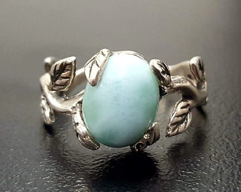 ladies rings floral pattern beauty -Leaf Larimar Ring - Genuine Larimar Ring - Boho Leaf Ring