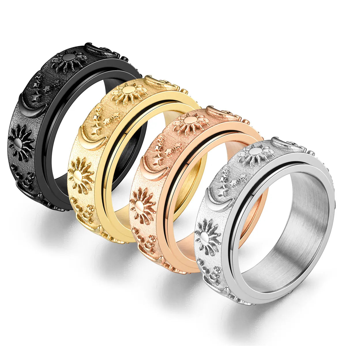 ladies rings small size fit -New Style Decompression Star Moon Stainless Steel Rotatable Ring