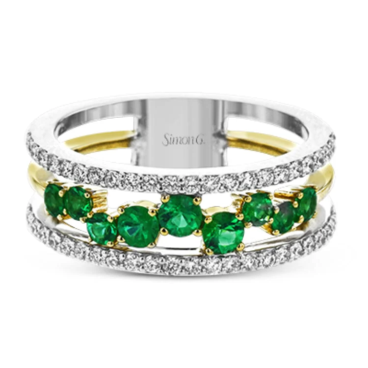 ladies rings with red ruby -This ring features a meandering path of .49 ctw offset emeralds in it midst, flanked by .38 ctw white diamonds along the edges.