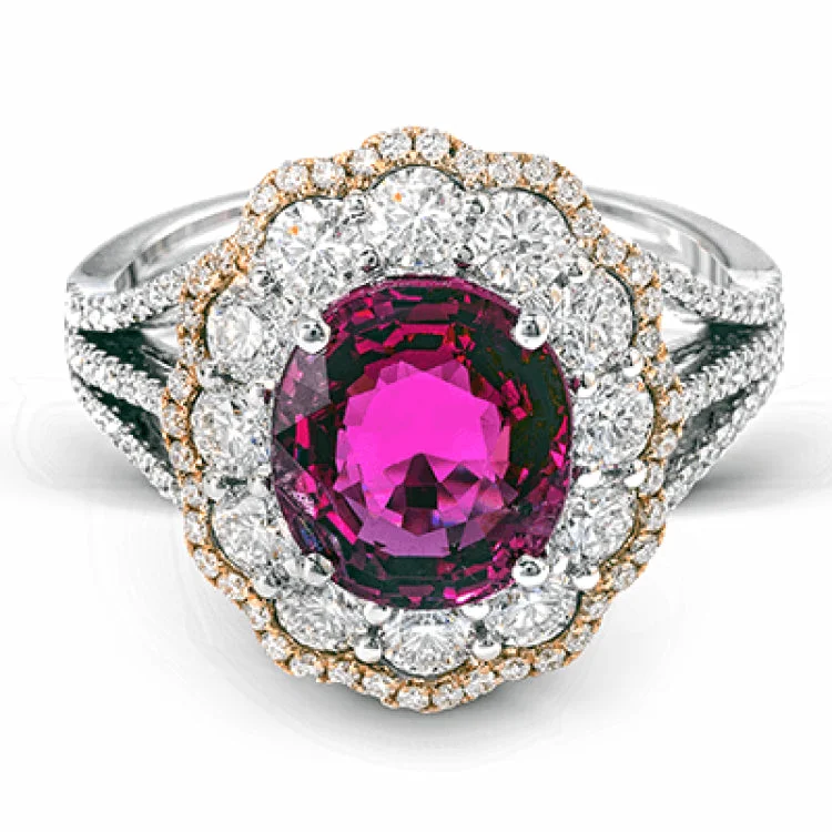 ladies rings white gold finish -This stunning 18k rose and white gold ring features an exquisite 3.28 ct reddish-pink spinel center stone surrounded by 1.35 ctw of white diamonds.