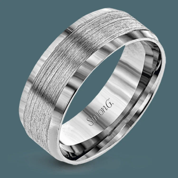 ladies rings for bold fashion -This men's band has beveled edges and a brushed texture extending around the ring.