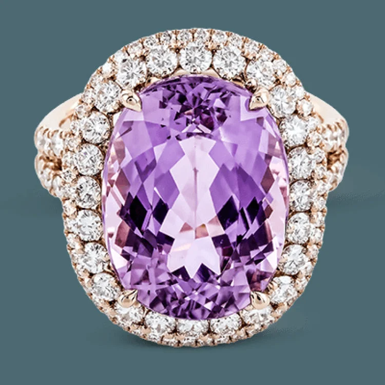 ladies rings silver minimalist style -Reflecting an impressive contemporary style, this rose gold ring is emphasized by an exquisite 12.06 ctw center kunzite surrounded by 1.49 ctw of round diamonds.