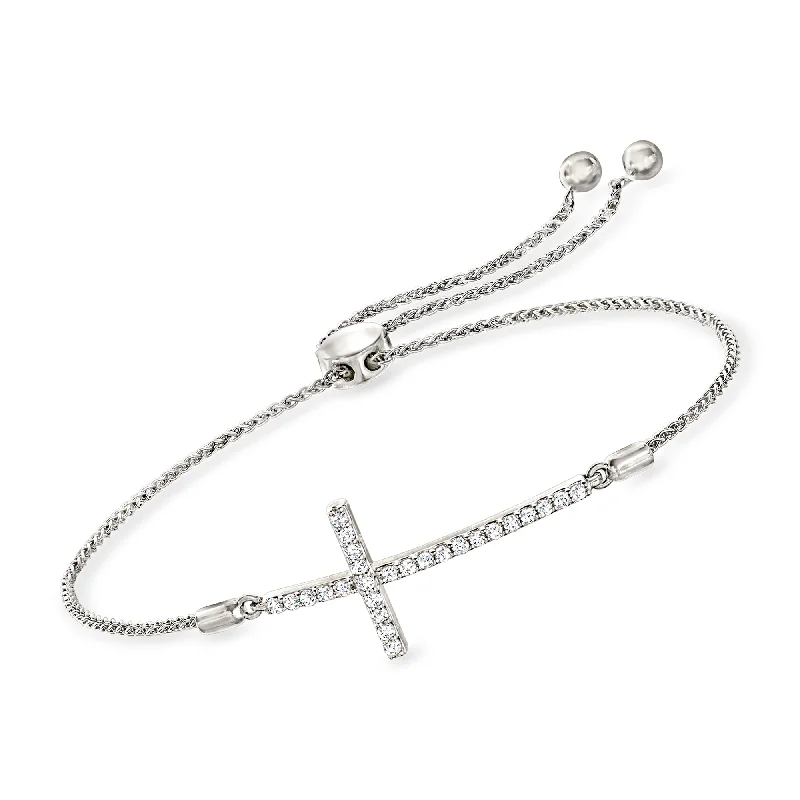 bracelets with geometric shape -Ross-Simons Diamond Cross Bolo Bracelet in Sterling Silver