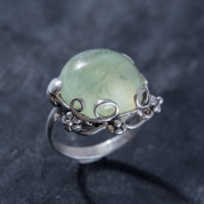 ladies rings thin band elegance -Prehnite Ring - Round Statement Ring - Large Flower Ring