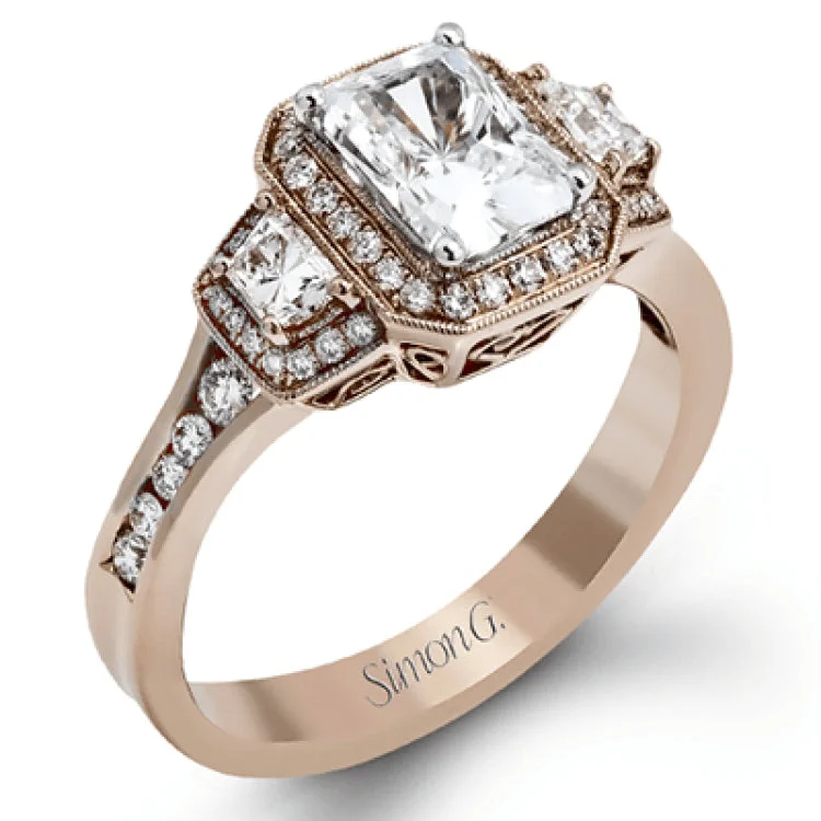 ladies rings small size fit -Featuring a lovely romantic setting, this white gold contemporary ring features an exquisite halo and .33 ctw of shimmering round cut white diamonds complemented by .34 ctw of trapezoid side diamonds.