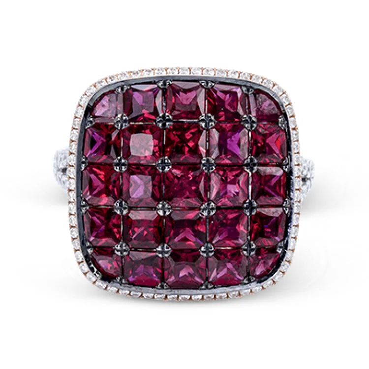 ladies rings for party glamour -A contemporary WG domed ring with PC rubies 4.70 ctw set in black rhodium, accented by white diamonds .45 ctw in rose gold