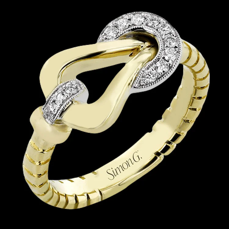 ladies rings for fashion lovers -18K two-tone right hand ring from the SG buckle collection, has a diamond collar and latch 0.10 ctw with milgrain edge.