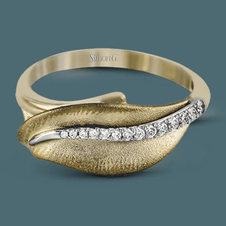 ladies rings for special occasions -This modern leaf design ring in yellow gold is set with a delicate swirl of .09 ctw of dazzling round cut white diamonds.