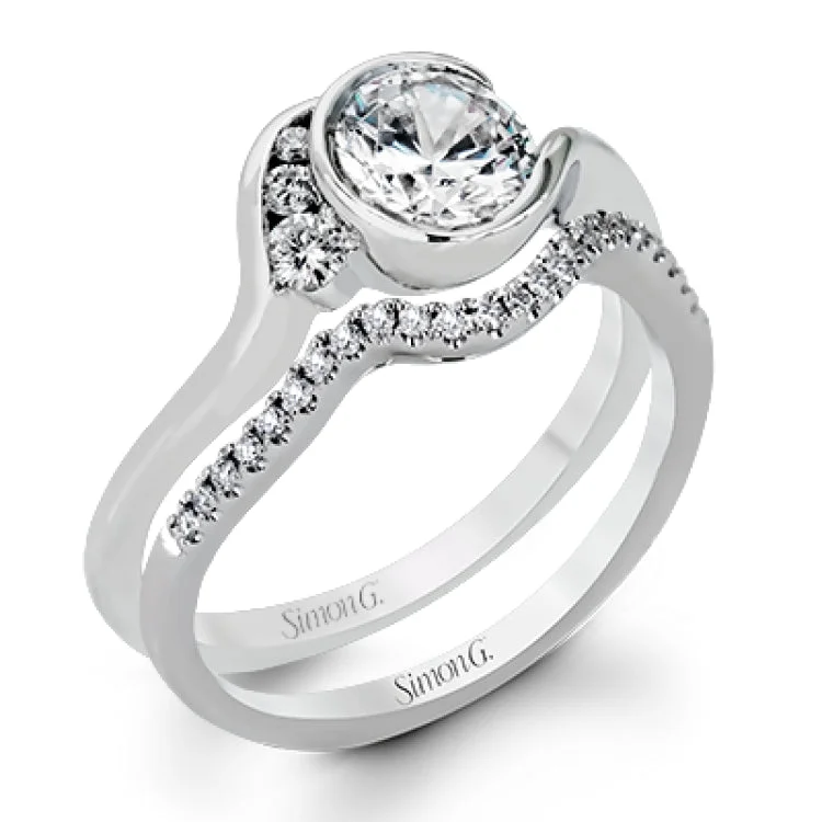 ladies rings custom personalized -This distinctive, swirling ring design is set with .19 ctw and holds the center stone in a partial bezel setting.