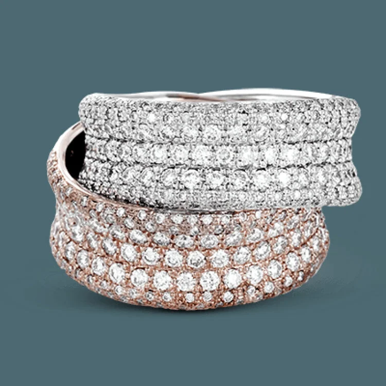 ladies rings with emerald green -Two intertwined shimmering bands in white gold and rose gold set with 2.24 ctw white diamonds in pave settings form this exquisite two-tone ring.