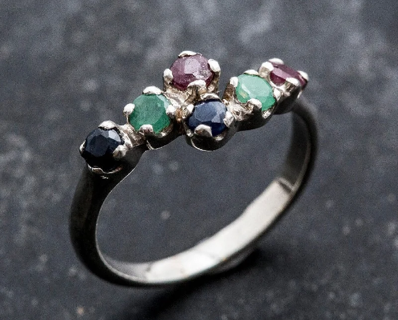 ladies rings elegant gold tone -Colorful Multistone Ring - Natural Emerald Sapphire Ruby - Half Eternity Band