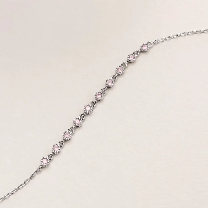 bracelets for birthday gift -Pink Zircon Stone Bracelet Rhodium Plated Silver Bracelet