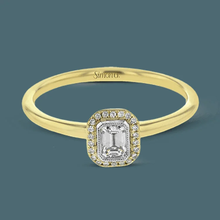 ladies rings with turquoise stone -This exquisite, minimalist yellow gold ring features a halo containing .04 ctw of round white diamonds encircling a .16 ctw emerald cut white diamond