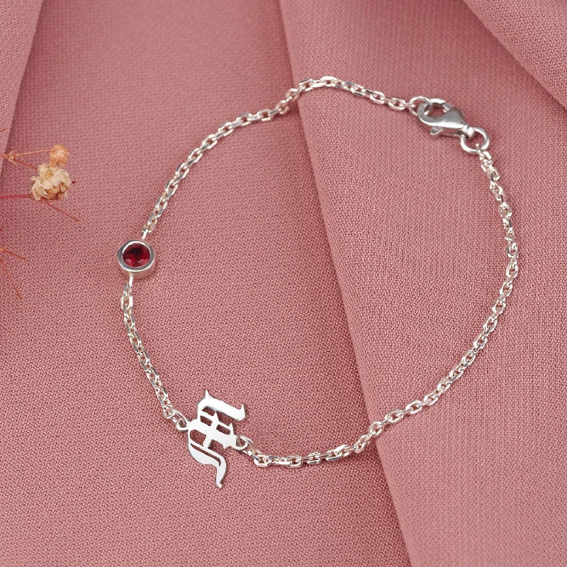 bracelets for stylish women -Old English Initial on Chain Silver Birthstone Bracelet