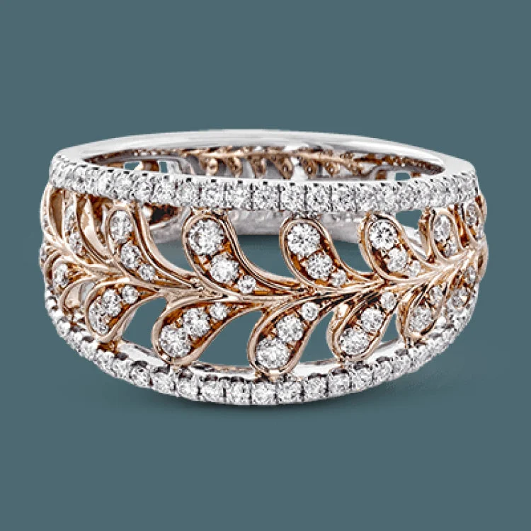 ladies rings infinity symbol charm -Leaves of rose gold extend around this gorgeous two-toned ring, with .65 ctw of white diamonds adding luxury to the nature-inspired design.