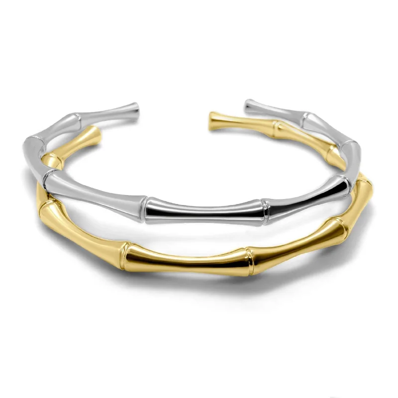 bracelets with red ruby -18k Gold & Silver Modern Open Cuff Bangle Set