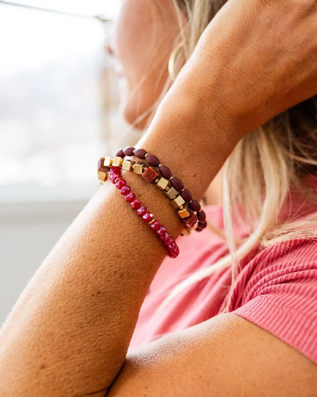 bracelets with green emerald -Gold and Wine Beaded Bracelet Set