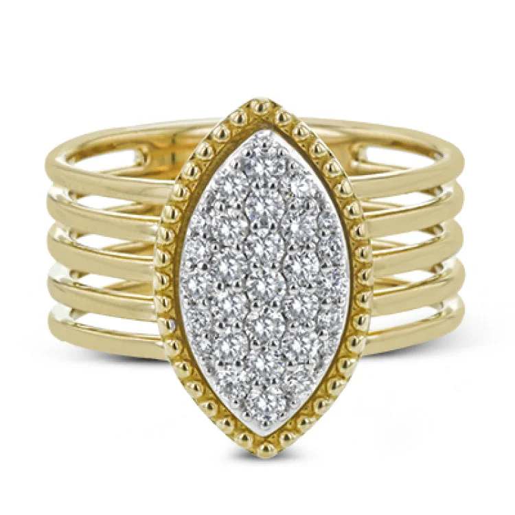 ladies rings with pearl accent -This 18k gold ring certainly makes a statement with .49 ctw of white diamonds pave set into a marquise shape placed onto five bands of yellow gold, creating a stacked look.