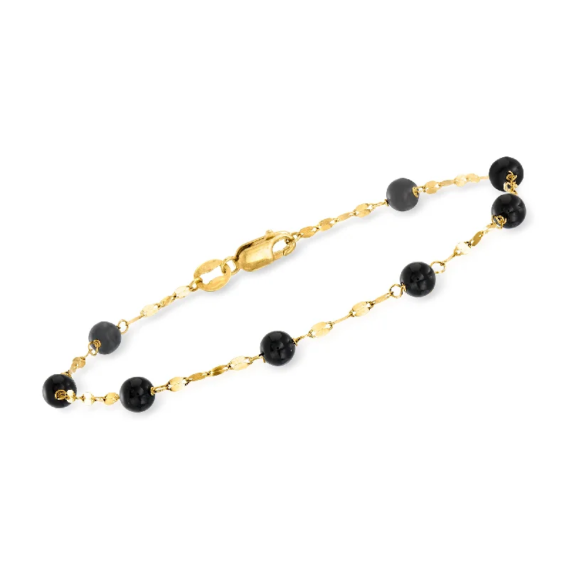 bracelets with pink tourmaline -Ross-Simons Italian Onyx Bead Station Bracelet in 18kt Yellow Gold