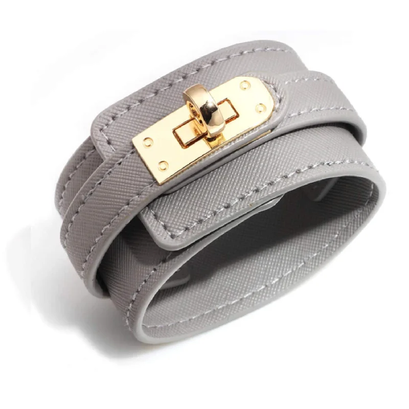 bracelets minimalist chic look -18K Gold Grey Leather Bracelet