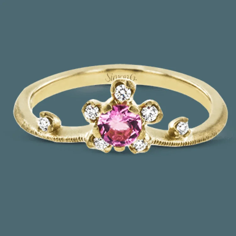 ladies rings stackable fashion set -This 18k yellow gold ring provides the ideal sparkle with a .28 ct spinel and .09 ctw of white diamonds.