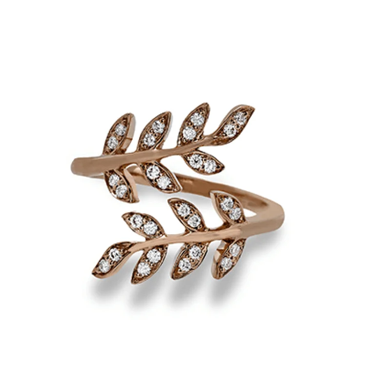 ladies rings promise ring design -Two delicately leafed branches form the stage for this contemporary rose gold ring, accented with .21 ctw of brilliant white diamonds.