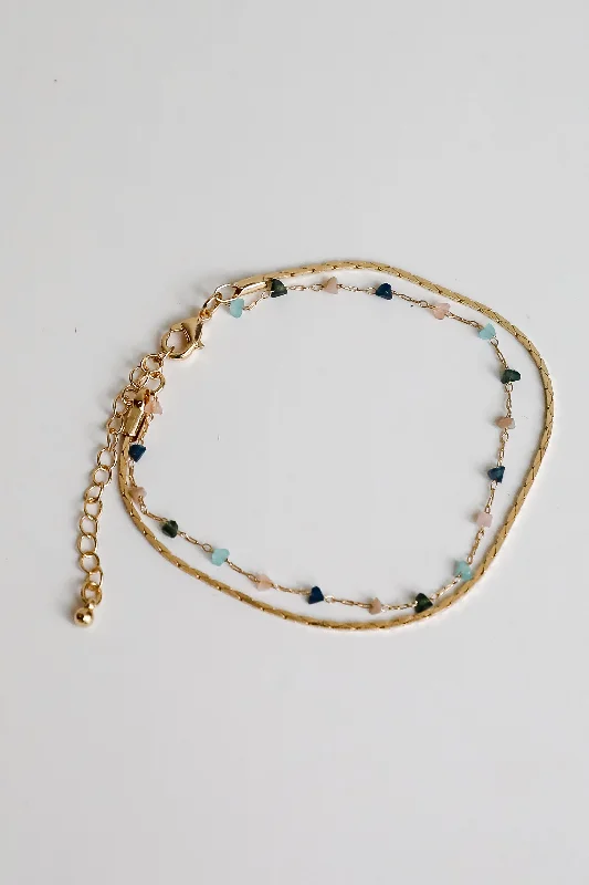 bracelets with emerald green -Gabby Gold Beaded Layered Bracelet