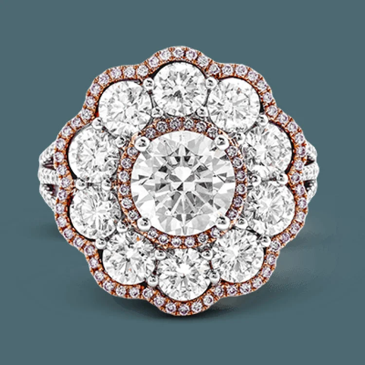 ladies rings with arrow design -The dramatic floral cluster design of this white and rose gold vintage-inspired ring is set with 2.45 ctw round cut white diamonds and .21 ctw pink diamonds.