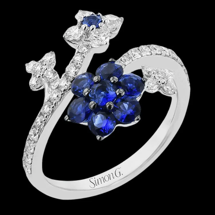 ladies rings for fashion lovers -18K white gold floral inspired right hand ring with flowers of sapphires 0.80 ct., and diamonds 0.75 ctw.