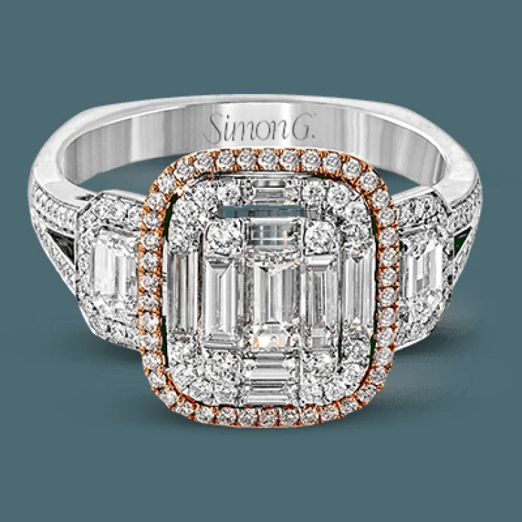 ladies rings elegant gold tone -This dramatic contemporary white and rose gold ring is highlighted by a sparkling halo set with .11 ctw pink diamonds and accented with .35 ctw round cut white diamonds, .38 ctw emerald cut diamonds, and .65 ctw baguette cut diamonds.