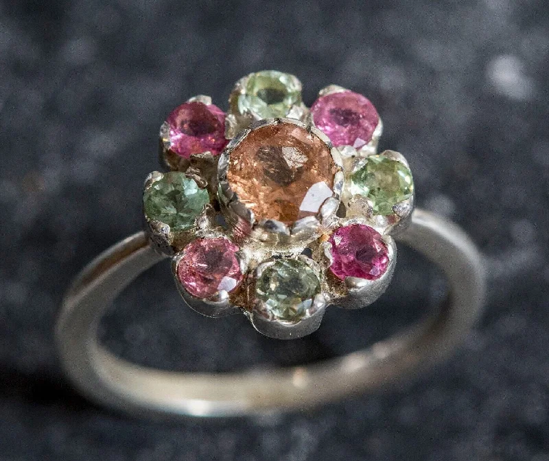 ladies rings white gold finish -Tourmaline Flower Ring - Colorful Daisy Ring - Pink Tourmaline Ring