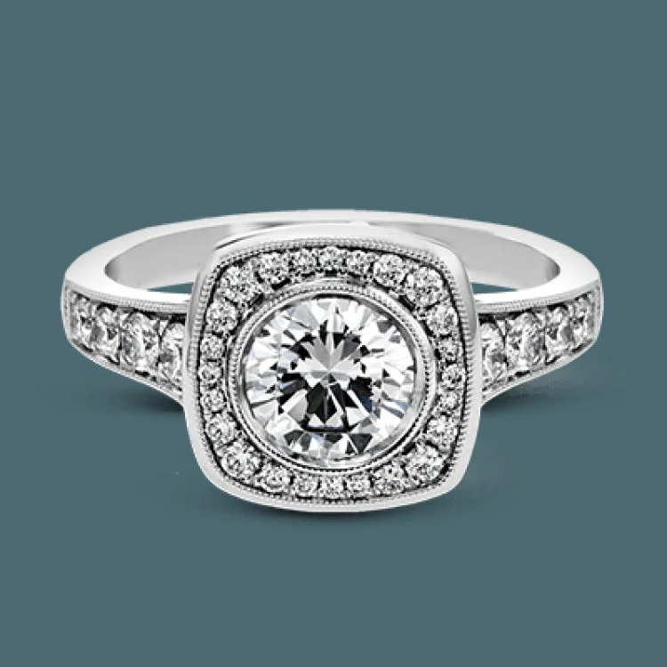 ladies rings with zircon shine -This exquisite white gold ring features a square halo and milgrain detail along with .49 ctw of round white diamond accents.