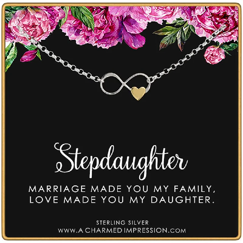 bracelets with pink sapphire -Stepdaughter Gifts for Girls Women • Stepdaughter bracelet • Silver Bracelet • Stepdaughter Gift from Mom Dad • Stepmom Stepdad • Infinite Love • Infinity Gold Heart • Gifts for Step Daughter