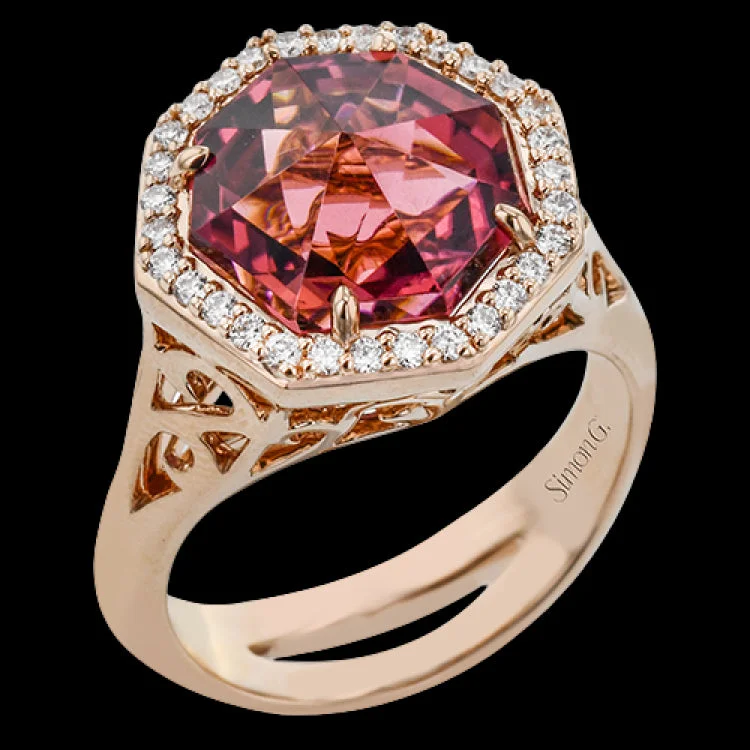 ladies rings for engagement moment -A stunning octagonal shaped cocktail ring in rose gold, features a 6.2 ct pink tourmaline center surrounded by .24 ct of diamonds