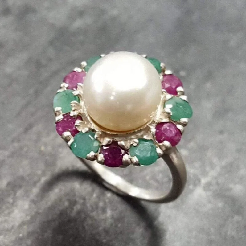 ladies rings classic timeless appeal -Flower Pearl Ring - Genuine Pearl Ring, Pearl Victorian Ring