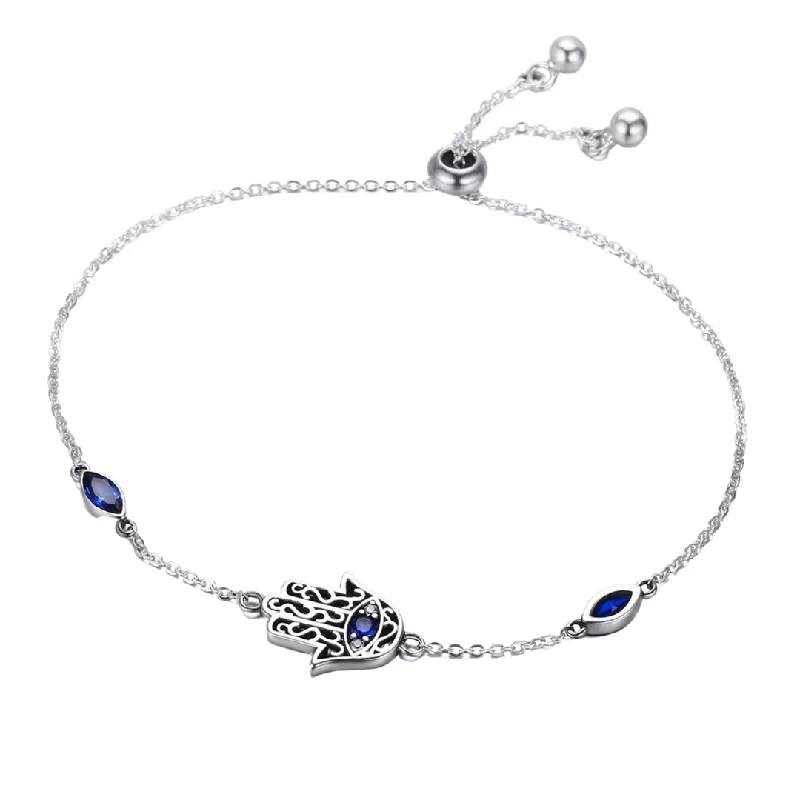 bracelets for everyday wear -Blue Hamsa Bolo Bracelet Sterling Silver