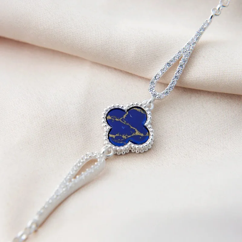 bracelets for bridal elegance -925 Silver Clover Bracelet with Blue Lapis Stone