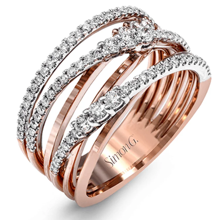 ladies rings for special occasions -The intertwined design of this modern white and rose gold ring is highlighted by .66 ctw of round cut white diamonds.