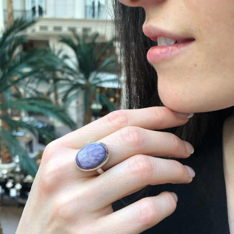 ladies rings with blue topaz -Purple Statement Ring - Natural Charoite Ring - Large Vintage Ring