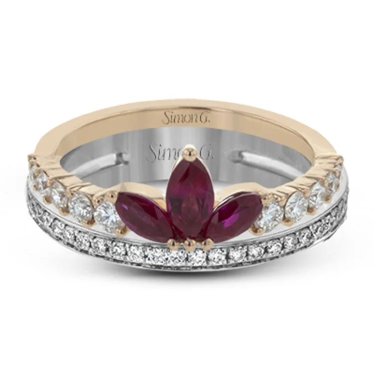 ladies rings with aquamarine gem -This distinctive two-tone 18k gold ring gives the look of two stacked rings in one, with three rubies in a central floral shape, flanked by .59 ctw of white diamonds.