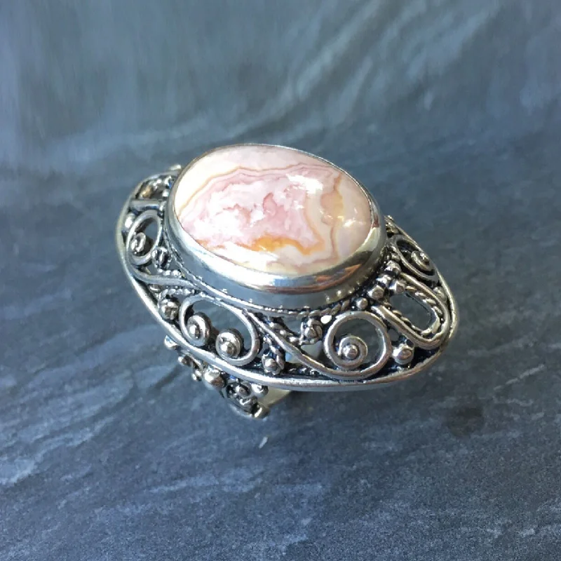 ladies rings with onyx black -Pink Statement Ring - Rhodochrosite Ring - Vintage Pink Ring