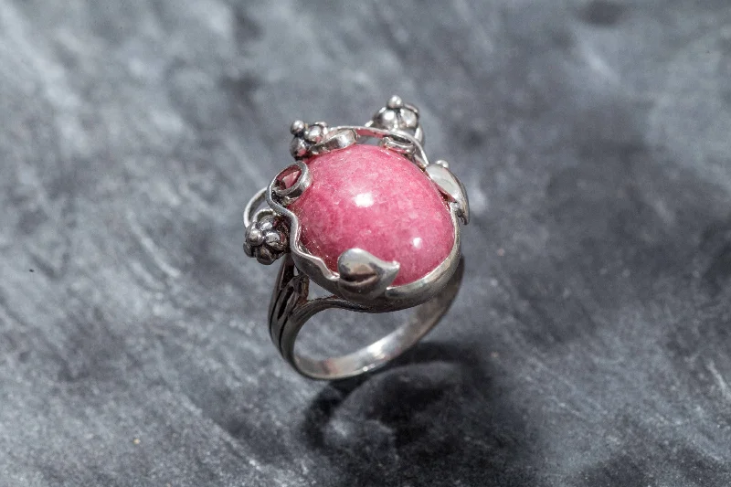 ladies rings for office elegance -Rhodochrosite Silver Ring, Leaf Statement Ring - Pink Boho Ring